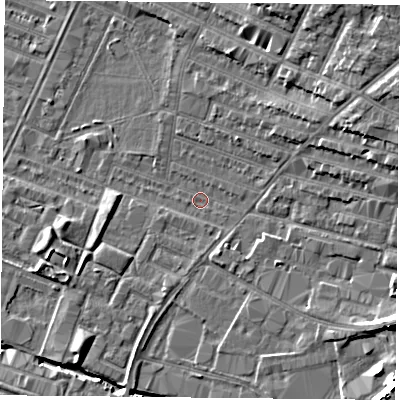 Shaded relief map of the ground around LE46AQ, computed from Environment Agency LiDAR. The ground here sits at about 54 m above sea level and falls 13 m across the surrounding 800 m. Surface water reaching this point runs off ground lying to the east-north-east, 7.3 m higher.