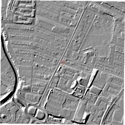 Shaded relief map of the ground around LE46AR, computed from Environment Agency LiDAR. The ground here sits at about 53 m above sea level and falls 7 m across the surrounding 800 m. Surface water reaching this point runs off ground lying to the south-south-east, 4.4 m higher.