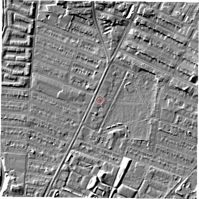 Shaded relief map of the ground around LE46AS, computed from Environment Agency LiDAR. The ground here sits at about 53 m above sea level and falls 9 m across the surrounding 800 m. Surface water reaching this point runs off ground lying to the north-north-east, 1.0 m higher.