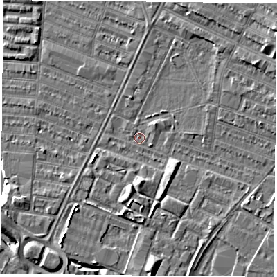 Shaded relief map of the ground around LE46AW, computed from Environment Agency LiDAR. The ground here sits at about 53 m above sea level and falls 10 m across the surrounding 800 m. Surface water reaching this point runs off ground lying to the south, 4.2 m higher.