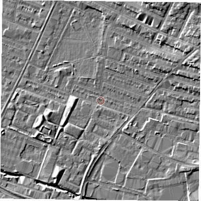Shaded relief map of the ground around LE46AX, computed from Environment Agency LiDAR. The ground here sits at about 54 m above sea level and falls 9 m across the surrounding 800 m. Surface water reaching this point runs off ground lying to the east-north-east, 7.2 m higher.