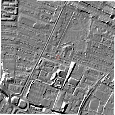 Shaded relief map of the ground around LE46AY, computed from Environment Agency LiDAR. The ground here sits at about 53 m above sea level and falls 9 m across the surrounding 800 m. Surface water reaching this point runs off ground lying to the south, 4.2 m higher.