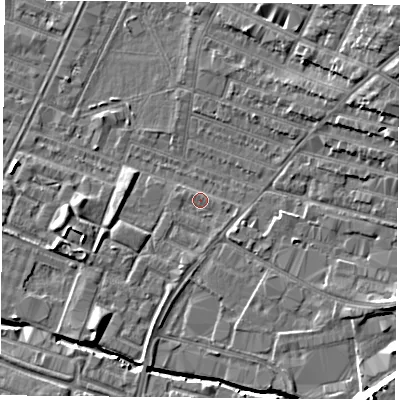 Shaded relief map of the ground around LE46AZ, computed from Environment Agency LiDAR. The ground here sits at about 54 m above sea level and falls 15 m across the surrounding 800 m. Surface water reaching this point runs off ground lying to the south-south-west, 1.8 m higher.