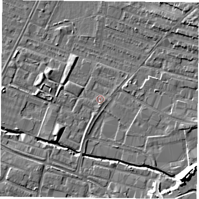 Shaded relief map of the ground around LE46BA, computed from Environment Agency LiDAR. The ground here sits at about 55 m above sea level and falls 18 m across the surrounding 800 m. Surface water reaching this point runs off ground lying to the south-south-west, 1.4 m higher.