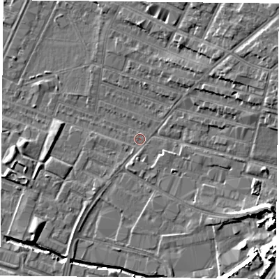 Shaded relief map of the ground around LE46BB, computed from Environment Agency LiDAR. The ground here sits at about 54 m above sea level and falls 15 m across the surrounding 800 m. Surface water reaching this point runs off ground lying to the east-north-east, 7.9 m higher.