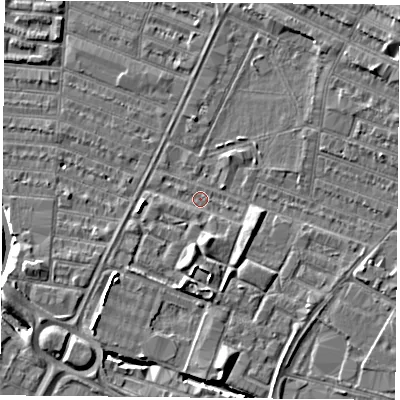 Shaded relief map of the ground around LE46BE, computed from Environment Agency LiDAR. The ground here sits at about 53 m above sea level and falls 9 m across the surrounding 800 m. Surface water reaching this point runs off ground lying to the south, 2.9 m higher.