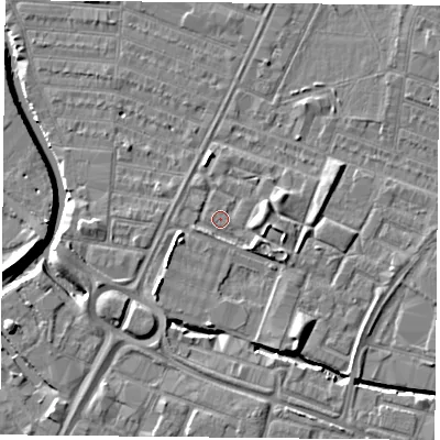 Shaded relief map of the ground around LE46BF, computed from Environment Agency LiDAR. The ground here sits at about 54 m above sea level and falls 7 m across the surrounding 800 m. Surface water reaching this point runs off ground lying to the east, 2.7 m higher.