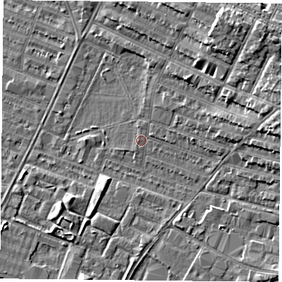 Shaded relief map of the ground around LE46BQ, computed from Environment Agency LiDAR. The ground here sits at about 54 m above sea level and falls 9 m across the surrounding 800 m. Surface water reaching this point runs off ground lying to the east, 4.8 m higher.