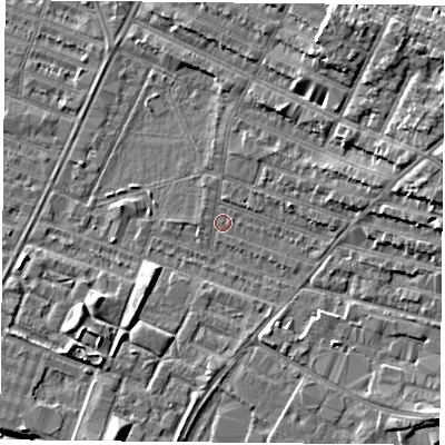 Shaded relief map of the ground around LE46BR, computed from Environment Agency LiDAR. The ground here sits at about 54 m above sea level and falls 9 m across the surrounding 800 m. Surface water reaching this point runs off ground lying to the east-north-east, 4.9 m higher.
