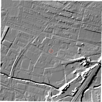 Shaded relief map of the ground around LE46BW, computed from Environment Agency LiDAR. The ground here sits at about 55 m above sea level and falls 18 m across the surrounding 800 m. The ground contributing surface water to this point lies to the south-south-west.