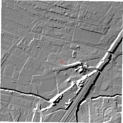 Shaded relief map of the ground around LE46BY, computed from Environment Agency LiDAR. The ground here sits at about 56 m above sea level and falls 18 m across the surrounding 800 m. Surface water reaching this point runs off ground lying to the east-south-east, 4.0 m higher.
