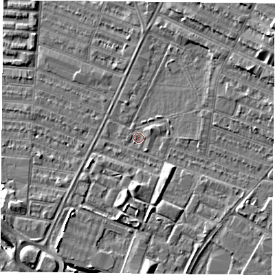 Shaded relief map of the ground around LE46DH, computed from Environment Agency LiDAR. The ground here sits at about 53 m above sea level and falls 10 m across the surrounding 800 m. Surface water reaching this point runs off ground lying to the east, 1.5 m higher.