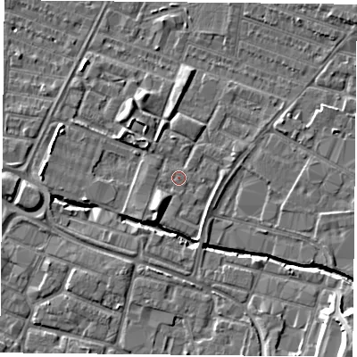 Shaded relief map of the ground around LE46DP, computed from Environment Agency LiDAR. The ground here sits at about 55 m above sea level and falls 13 m across the surrounding 800 m. Surface water reaching this point runs off ground lying to the south-west, 3.0 m higher.