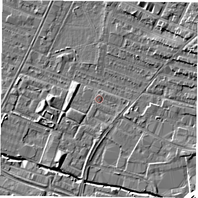 Shaded relief map of the ground around LE46DR, computed from Environment Agency LiDAR. The ground here sits at about 54 m above sea level and falls 16 m across the surrounding 800 m. Surface water reaching this point runs off ground lying to the south, 1.6 m higher.