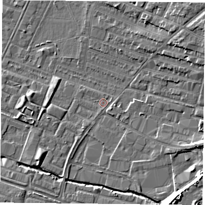Shaded relief map of the ground around LE46DS, computed from Environment Agency LiDAR. The ground here sits at about 54 m above sea level and falls 18 m across the surrounding 800 m. Surface water reaching this point runs off ground lying to the south-south-west, 1.5 m higher.
