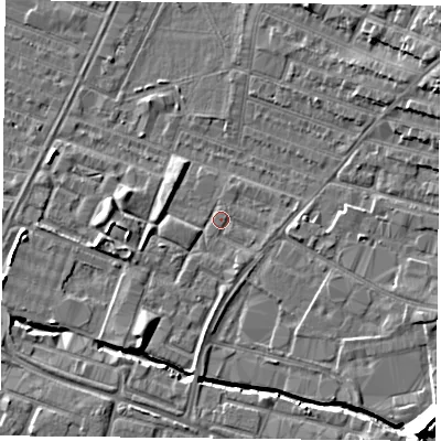 Shaded relief map of the ground around LE46DT, computed from Environment Agency LiDAR. The ground here sits at about 54 m above sea level and falls 19 m across the surrounding 800 m. Surface water reaching this point runs off ground lying to the south, 1.5 m higher.