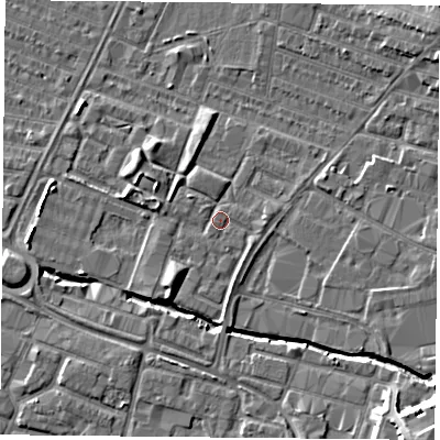 Shaded relief map of the ground around LE46DU, computed from Environment Agency LiDAR. The ground here sits at about 55 m above sea level and falls 13 m across the surrounding 800 m. Surface water reaching this point runs off ground lying to the south-west, 3.0 m higher.