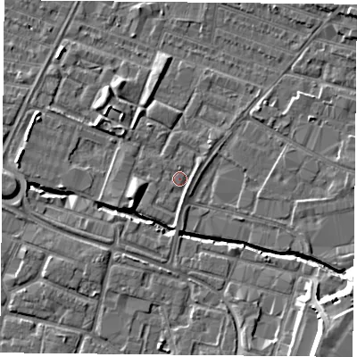 Shaded relief map of the ground around LE46DW, computed from Environment Agency LiDAR. The ground here sits at about 55 m above sea level and falls 13 m across the surrounding 800 m. Surface water reaching this point runs off ground lying to the south-east, 1.2 m higher.