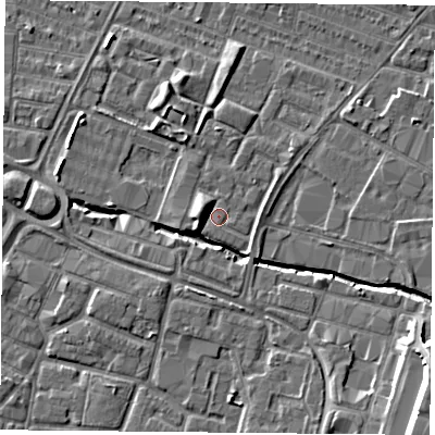 Shaded relief map of the ground around LE46DX, computed from Environment Agency LiDAR. The ground here sits at about 55 m above sea level and falls 13 m across the surrounding 800 m. Surface water reaching this point runs off ground lying to the west-north-west, 2.9 m higher.