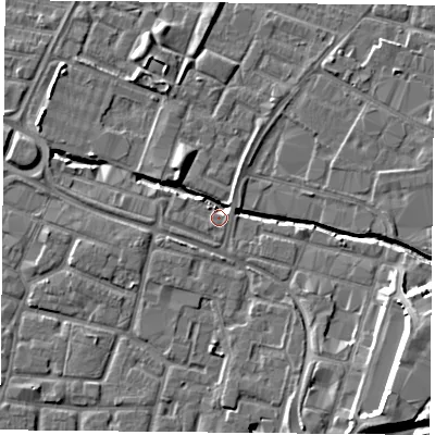 Shaded relief map of the ground around LE46DY, computed from Environment Agency LiDAR. The ground here sits at about 55 m above sea level and falls 14 m across the surrounding 800 m. Surface water reaching this point runs off ground lying to the north-north-east, 3.4 m higher.