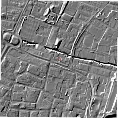 Shaded relief map of the ground around LE46DZ, computed from Environment Agency LiDAR. The ground here sits at about 55 m above sea level and falls 13 m across the surrounding 800 m. Surface water reaching this point runs off ground lying to the south-south-west, 0.5 m higher.