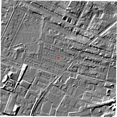 Shaded relief map of the ground around LE46EF, computed from Environment Agency LiDAR. The ground here sits at about 54 m above sea level and falls 11 m across the surrounding 800 m. Surface water reaching this point runs off ground lying to the east-north-east, 1.6 m higher.
