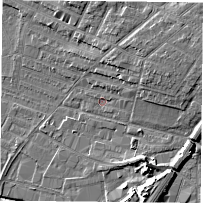 Shaded relief map of the ground around LE46EG, computed from Environment Agency LiDAR. The ground here sits at about 55 m above sea level and falls 15 m across the surrounding 800 m. Surface water reaching this point runs off ground lying to the east-north-east, 3.9 m higher.
