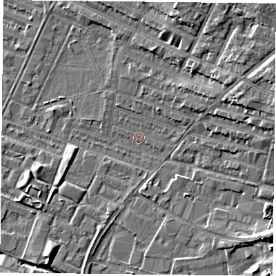 Shaded relief map of the ground around LE46EH, computed from Environment Agency LiDAR. The ground here sits at about 54 m above sea level and falls 10 m across the surrounding 800 m. Surface water reaching this point runs off ground lying to the east-north-east, 1.7 m higher.