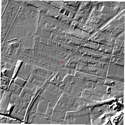Shaded relief map of the ground around LE46EL, computed from Environment Agency LiDAR. The ground here sits at about 54 m above sea level and falls 15 m across the surrounding 800 m. Surface water reaching this point runs off ground lying to the east-north-east, 8.0 m higher.