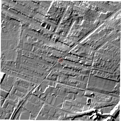 Shaded relief map of the ground around LE46EP, computed from Environment Agency LiDAR. The ground here sits at about 56 m above sea level and falls 11 m across the surrounding 800 m. Surface water reaching this point runs off ground lying to the east-north-east, 6.4 m higher.