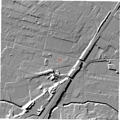 Shaded relief map of the ground around LE46ES, computed from Environment Agency LiDAR. The ground here sits at about 56 m above sea level and falls 17 m across the surrounding 800 m. Surface water reaching this point runs off ground lying to the east-south-east, 0.8 m higher.