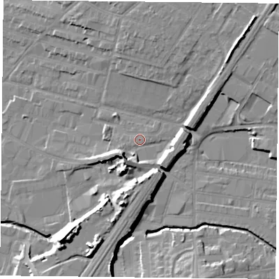 Shaded relief map of the ground around LE46ET, computed from Environment Agency LiDAR. The ground here sits at about 56 m above sea level and falls 17 m across the surrounding 800 m. Surface water reaching this point runs off ground lying to the south-south-west, 13.8 m higher.