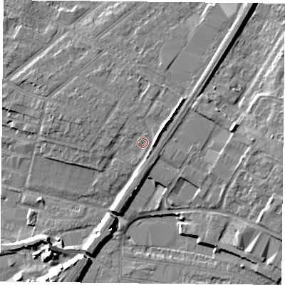 Shaded relief map of the ground around LE46EU, computed from Environment Agency LiDAR. The ground here sits at about 61 m above sea level and falls 11 m across the surrounding 800 m. Surface water reaching this point runs off ground lying to the north-north-east, 1.0 m higher.