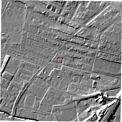Shaded relief map of the ground around LE46EW, computed from Environment Agency LiDAR. The ground here sits at about 55 m above sea level and falls 15 m across the surrounding 800 m. Surface water reaching this point runs off ground lying to the east-north-east, 5.6 m higher.