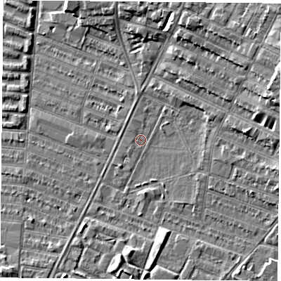 Shaded relief map of the ground around LE46LE, computed from Environment Agency LiDAR. The ground here sits at about 53 m above sea level and falls 9 m across the surrounding 800 m. Surface water reaching this point runs off ground lying to the north-north-east, 6.2 m higher.