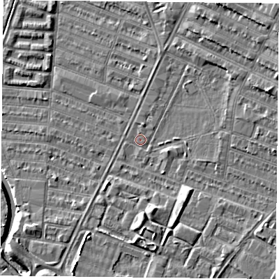 Shaded relief map of the ground around LE46LF, computed from Environment Agency LiDAR. The ground here sits at about 53 m above sea level and falls 9 m across the surrounding 800 m. Surface water reaching this point runs off ground lying to the north-east, 6.3 m higher.