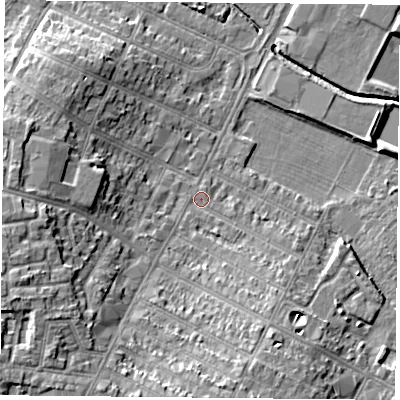 Shaded relief map of the ground around LE47AN, computed from Environment Agency LiDAR. The ground here sits at about 51 m above sea level and falls 9 m across the surrounding 800 m. Surface water reaching this point runs off ground lying to the south, 6.3 m higher.