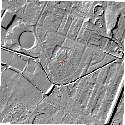 Shaded relief map of the ground around LE47GA, computed from Environment Agency LiDAR. The ground here sits at about 53 m above sea level and falls 10 m across the surrounding 800 m. The ground contributing surface water to this point lies to the north-north-east.