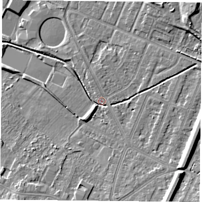 Shaded relief map of the ground around LE47GB, computed from Environment Agency LiDAR. The ground here sits at about 53 m above sea level and falls 10 m across the surrounding 800 m. Surface water reaching this point runs off ground lying to the south-south-east, 4.5 m higher.