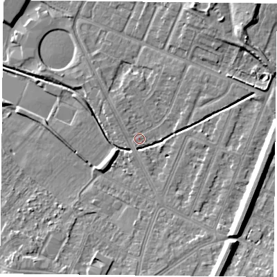 Shaded relief map of the ground around LE47GD, computed from Environment Agency LiDAR. The ground here sits at about 53 m above sea level and falls 10 m across the surrounding 800 m. Surface water reaching this point runs off ground lying to the south-east, 8.7 m higher.