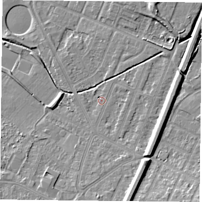 Shaded relief map of the ground around LE47GL, computed from Environment Agency LiDAR. The ground here sits at about 53 m above sea level and falls 10 m across the surrounding 800 m. Surface water reaching this point runs off ground lying to the south, 3.3 m higher.