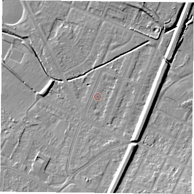 Shaded relief map of the ground around LE47GN, computed from Environment Agency LiDAR. The ground here sits at about 53 m above sea level and falls 11 m across the surrounding 800 m. Surface water reaching this point runs off ground lying to the south, 3.3 m higher.