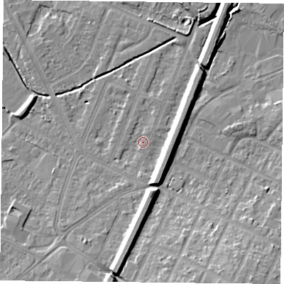 Shaded relief map of the ground around LE47GR, computed from Environment Agency LiDAR. The ground here sits at about 54 m above sea level and falls 12 m across the surrounding 800 m. Surface water reaching this point runs off ground lying to the south-east, 9.4 m higher.