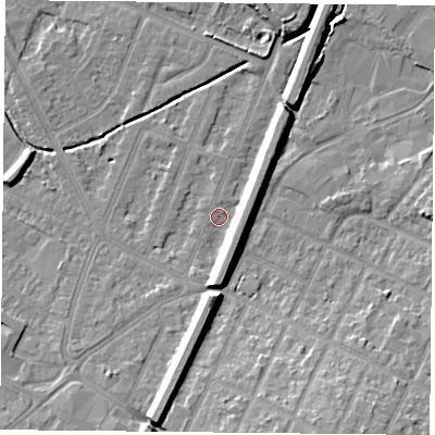 Shaded relief map of the ground around LE47GS, computed from Environment Agency LiDAR. The ground here sits at about 54 m above sea level and falls 11 m across the surrounding 800 m. Surface water reaching this point runs off ground lying to the south, 6.5 m higher.
