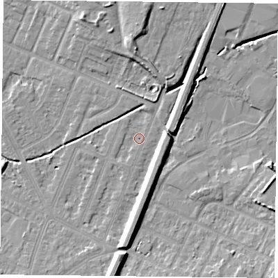 Shaded relief map of the ground around LE47GT, computed from Environment Agency LiDAR. The ground here sits at about 54 m above sea level and falls 9 m across the surrounding 800 m. Surface water reaching this point runs off ground lying to the east-north-east, 5.9 m higher.