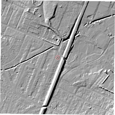 Shaded relief map of the ground around LE47GU, computed from Environment Agency LiDAR. The ground here sits at about 54 m above sea level and falls 9 m across the surrounding 800 m. Surface water reaching this point runs off ground lying to the east, 6.0 m higher.