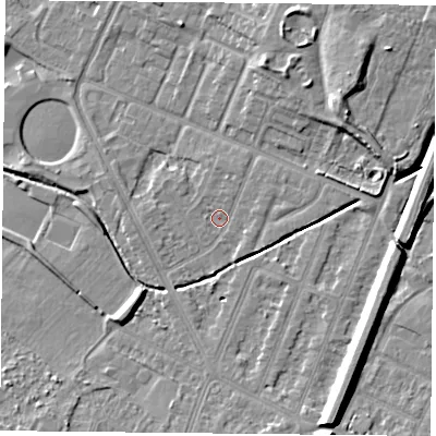 Shaded relief map of the ground around LE47GW, computed from Environment Agency LiDAR. The ground here sits at about 53 m above sea level and falls 10 m across the surrounding 800 m. Surface water reaching this point runs off ground lying to the east, 1.6 m higher.