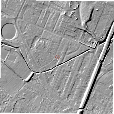 Shaded relief map of the ground around LE47GX, computed from Environment Agency LiDAR. The ground here sits at about 53 m above sea level and falls 10 m across the surrounding 800 m. Surface water reaching this point runs off ground lying to the east-north-east, 1.6 m higher.