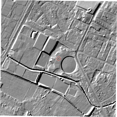 Shaded relief map of the ground around LE47GY, computed from Environment Agency LiDAR. The ground here sits at about 52 m above sea level and falls 7 m across the surrounding 800 m. Surface water reaching this point runs off ground lying to the south-south-east, 2.4 m higher.