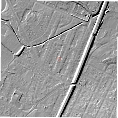 Shaded relief map of the ground around LE47HA, computed from Environment Agency LiDAR. The ground here sits at about 54 m above sea level and falls 11 m across the surrounding 800 m. Surface water reaching this point runs off ground lying to the south-east, 8.8 m higher.